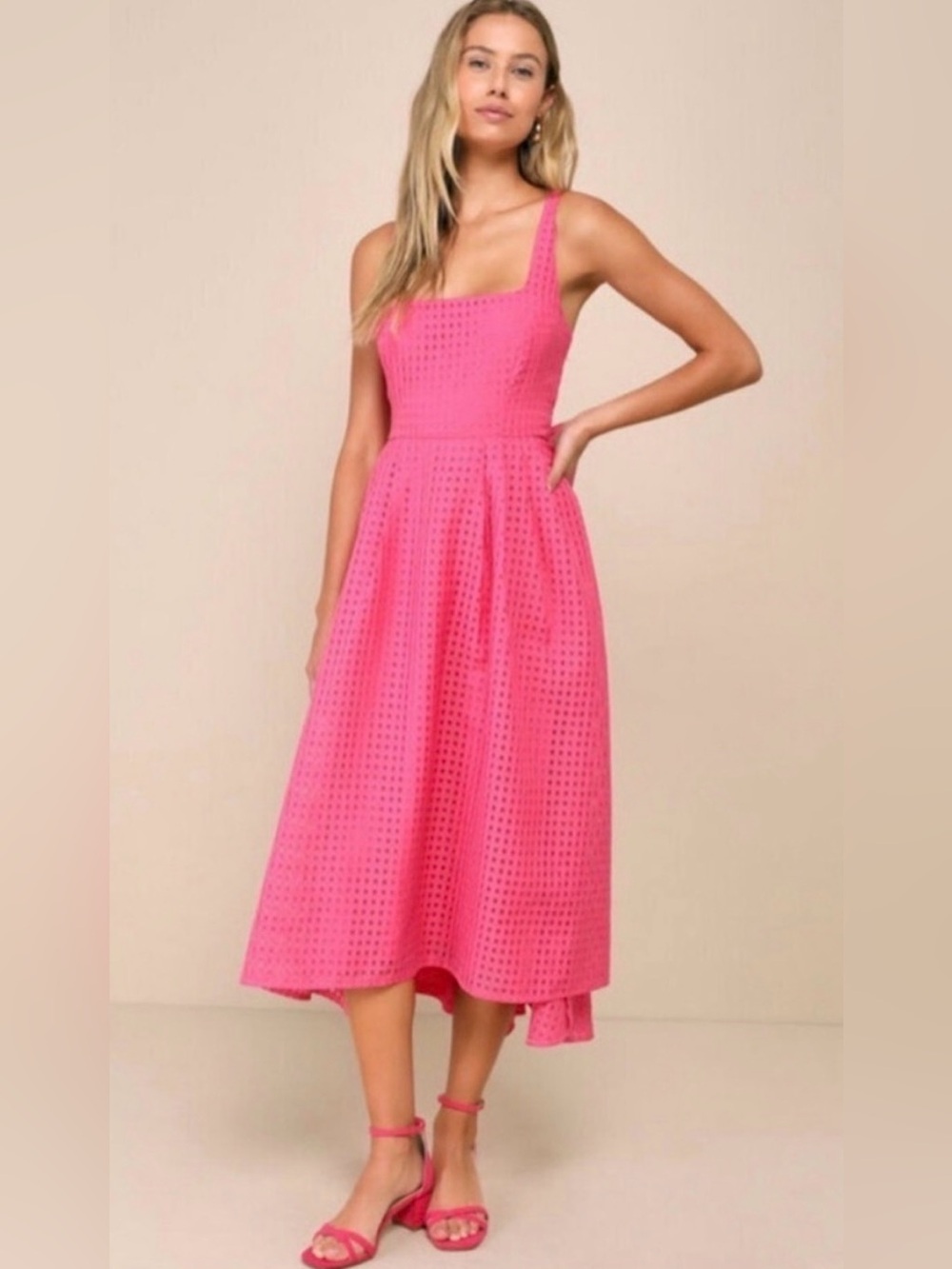 NWT Lulus Definitely Stunning Hot Pink Gingham Burnout Midi Dress XL wedding